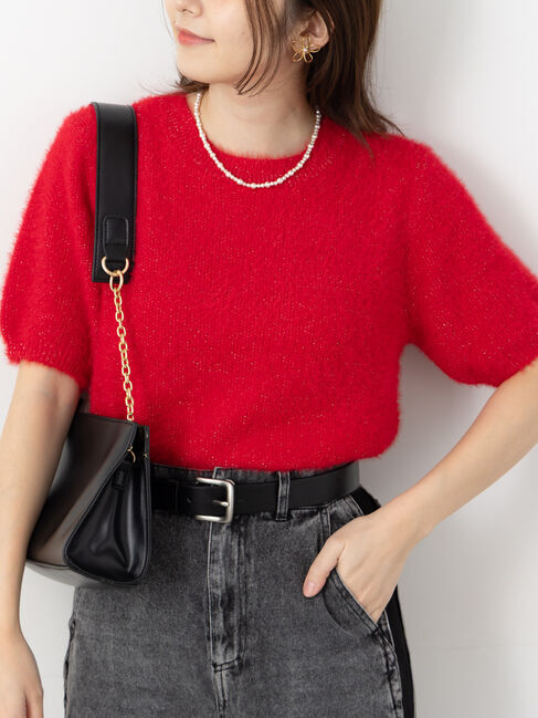 Te chichi TERRASSE「ラメシャギーハーフスリーブニット」|ニット・セーター|レッド