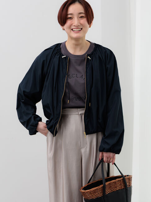 Te chichi「ノーカラーギャザージップブルゾン」|ブルゾン・スタジャン|ネイビー