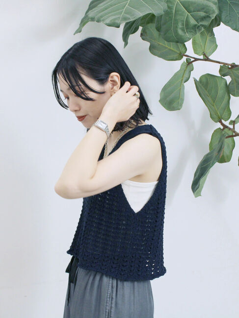 Samansa Mos2 blue「テープヤーン透かしニットベスト」|ニット・セーター|