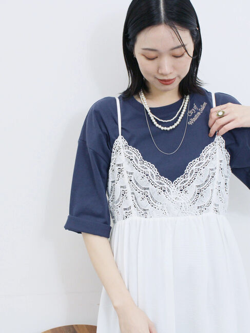 Samansa Mos2 blue「チェーン刺繍7分袖プルオーバー」|Tシャツ・カットソー|