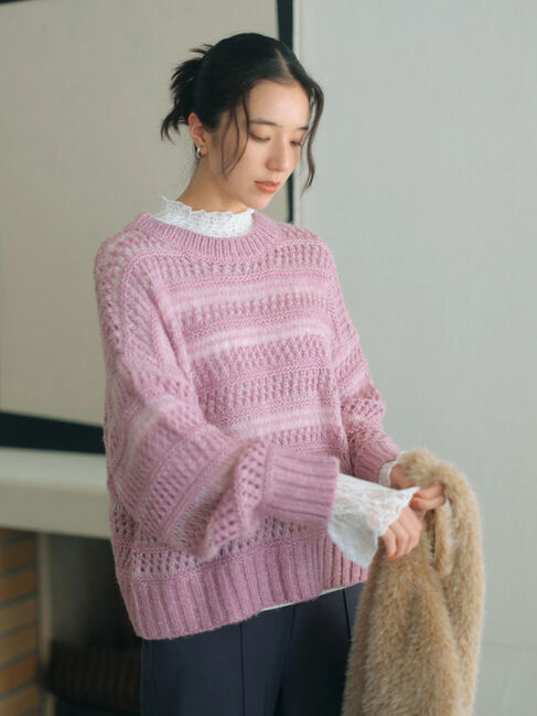 Samansa Mos2 blue「透かし柄ニットプルオーバー」|ニット・セーター|ピンク