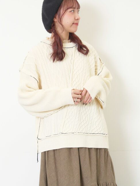 Samansa Mos2「ケーブルパッチワークステッチプルオーバー」|ニット・セーター|