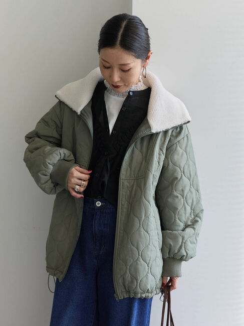 Samansa Mos2 blue「衿ボアキルトジャケット」|その他|カーキ