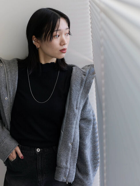 Samansa Mos2 blue「【吸湿発熱】リブフリル衿PO」|Tシャツ・カットソー|