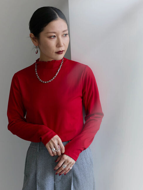 Samansa Mos2 blue「【吸湿発熱】リブフリル衿PO」|Tシャツ・カットソー|