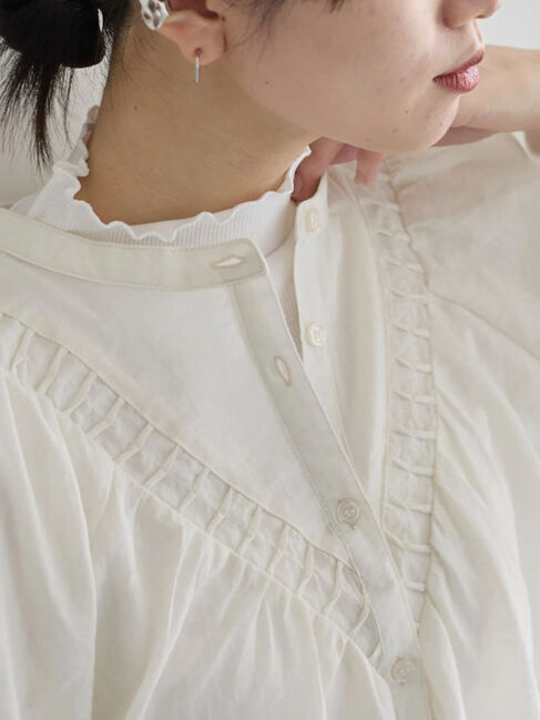 Samansa Mos2 blue「【吸湿発熱】リブフリル衿PO」|Tシャツ・カットソー|