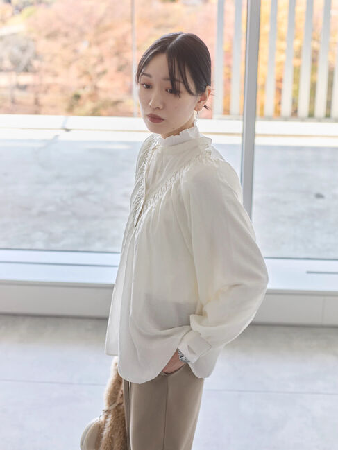 Samansa Mos2 blue「【吸湿発熱】リブフリル衿PO」|Tシャツ・カットソー|