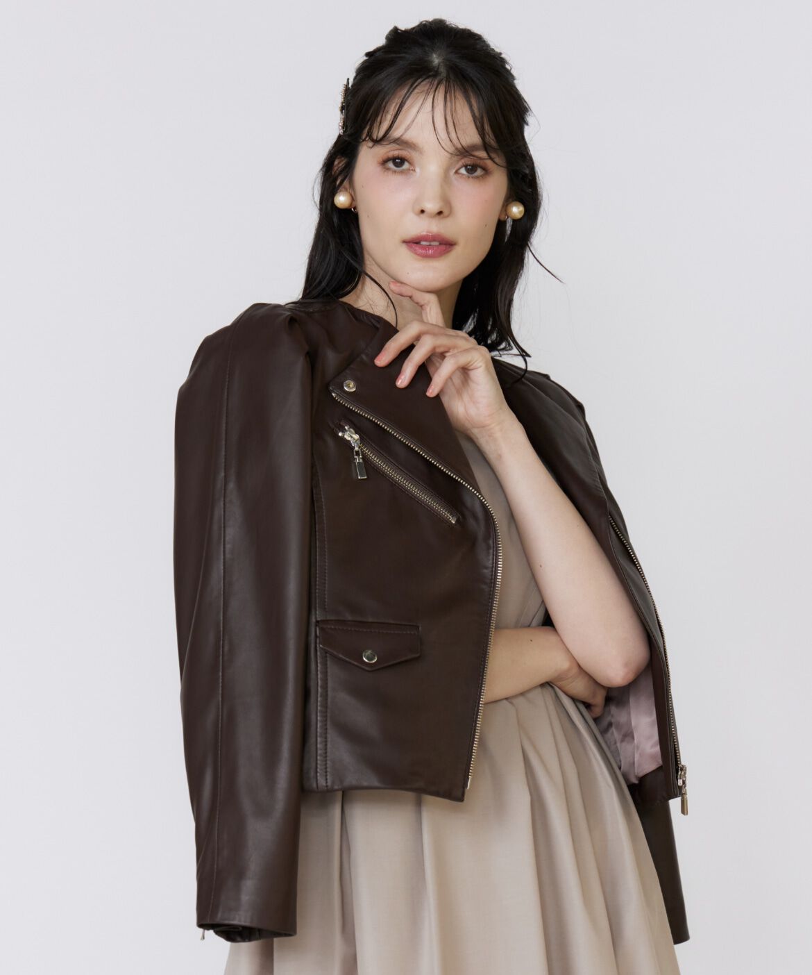 Maglie le cassetto「《M Maglie le cassetto》ｽﾊﾟﾆｯｼｭﾗﾑﾚｻﾞｰﾌﾞﾙｿﾞﾝ《美人百花9 」|ライダースジャケット|ブラウン