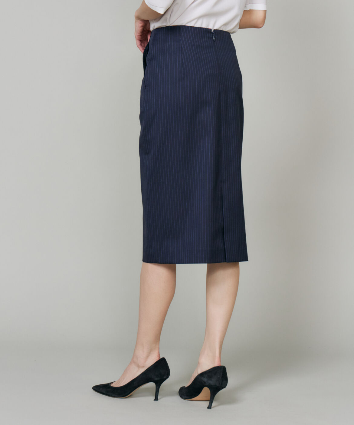 INED「《大きいサイズ》シルクウールストライプペンシルスカート」|タイト|