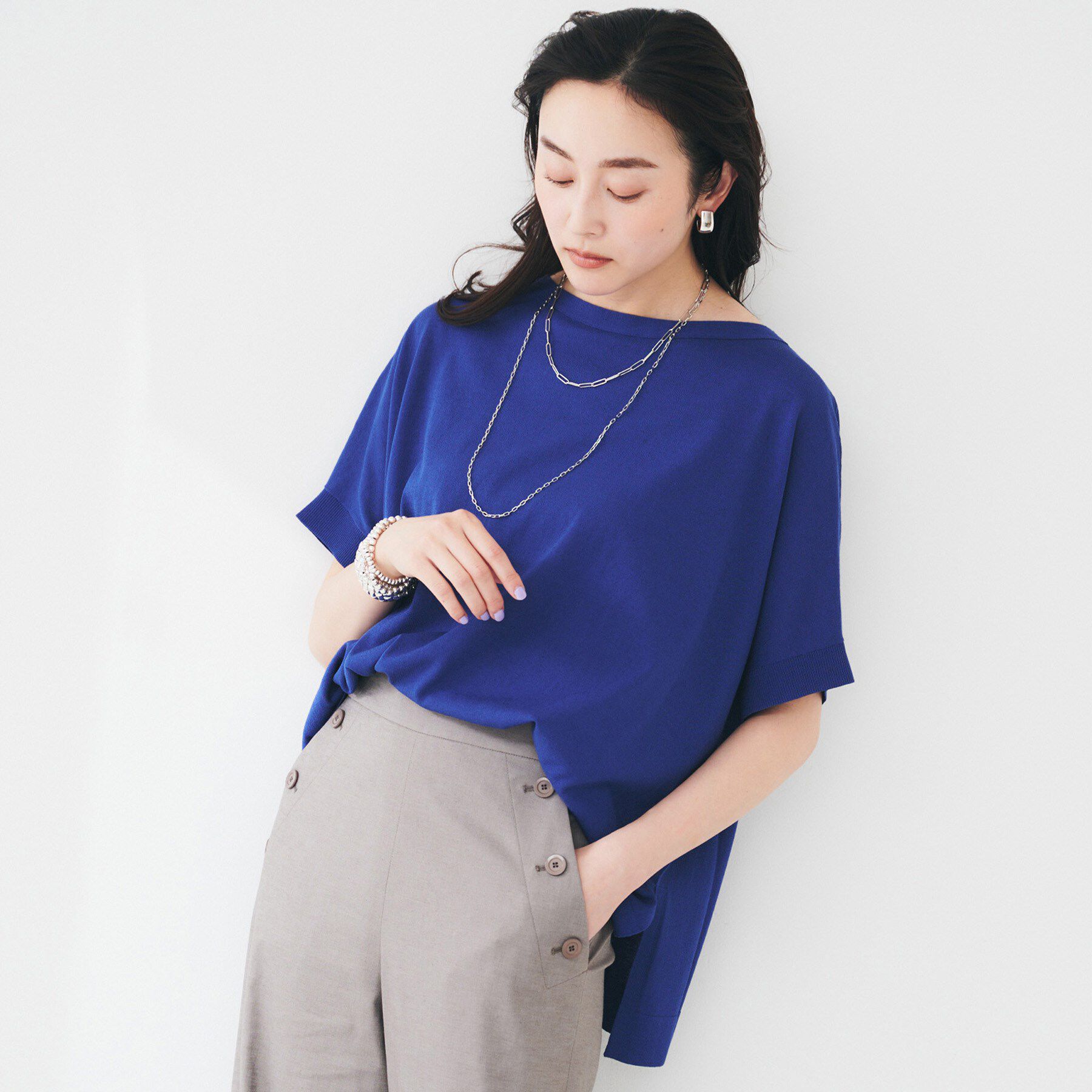 UNTITLED「【体型カバー/手洗い可】コットンリネン ワイドプルオーバーニット」|ニット・セーター|ブルー(093)