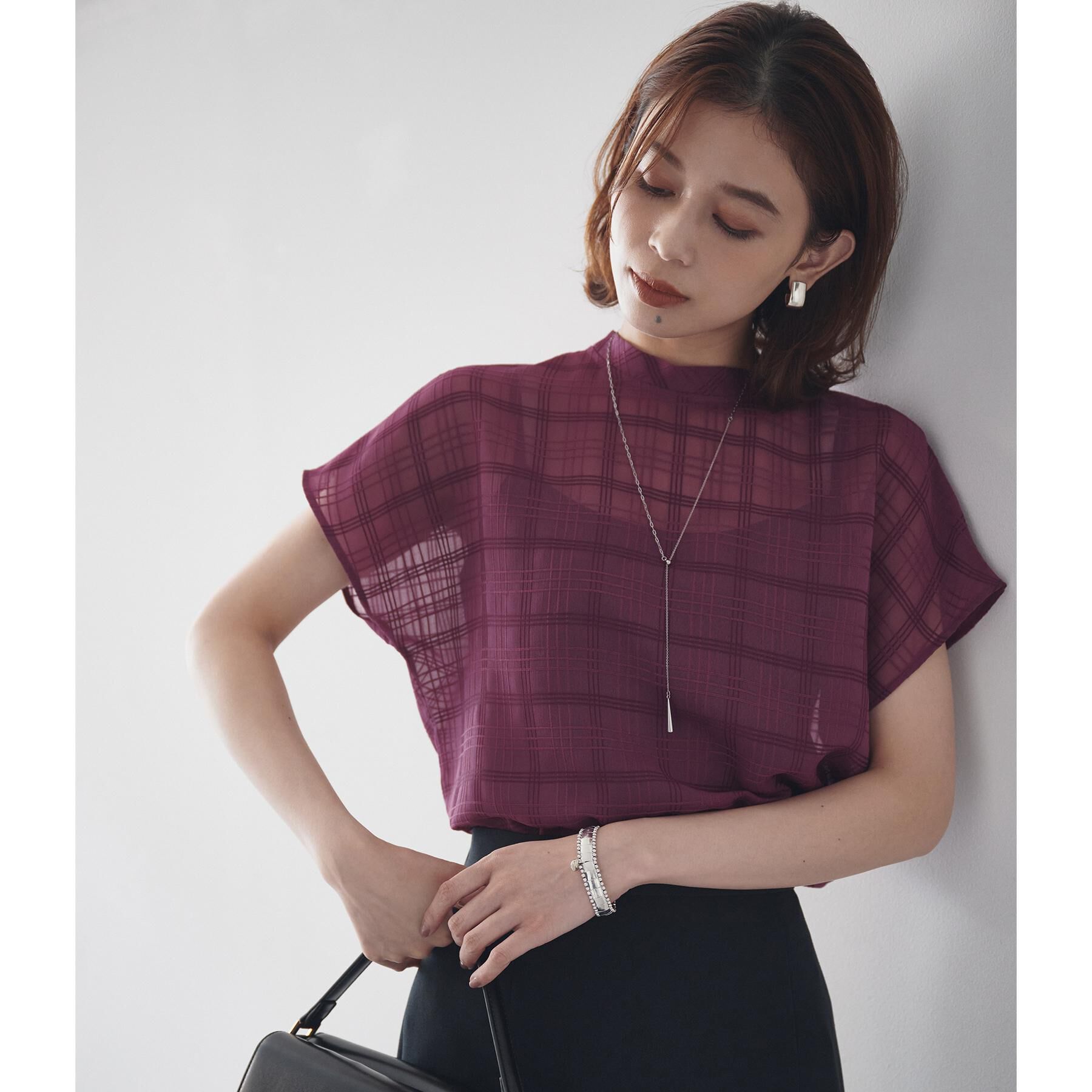 UNTITLED「【シアー】チェックスタンドネックブラウス」|シャツ・ブラウス|