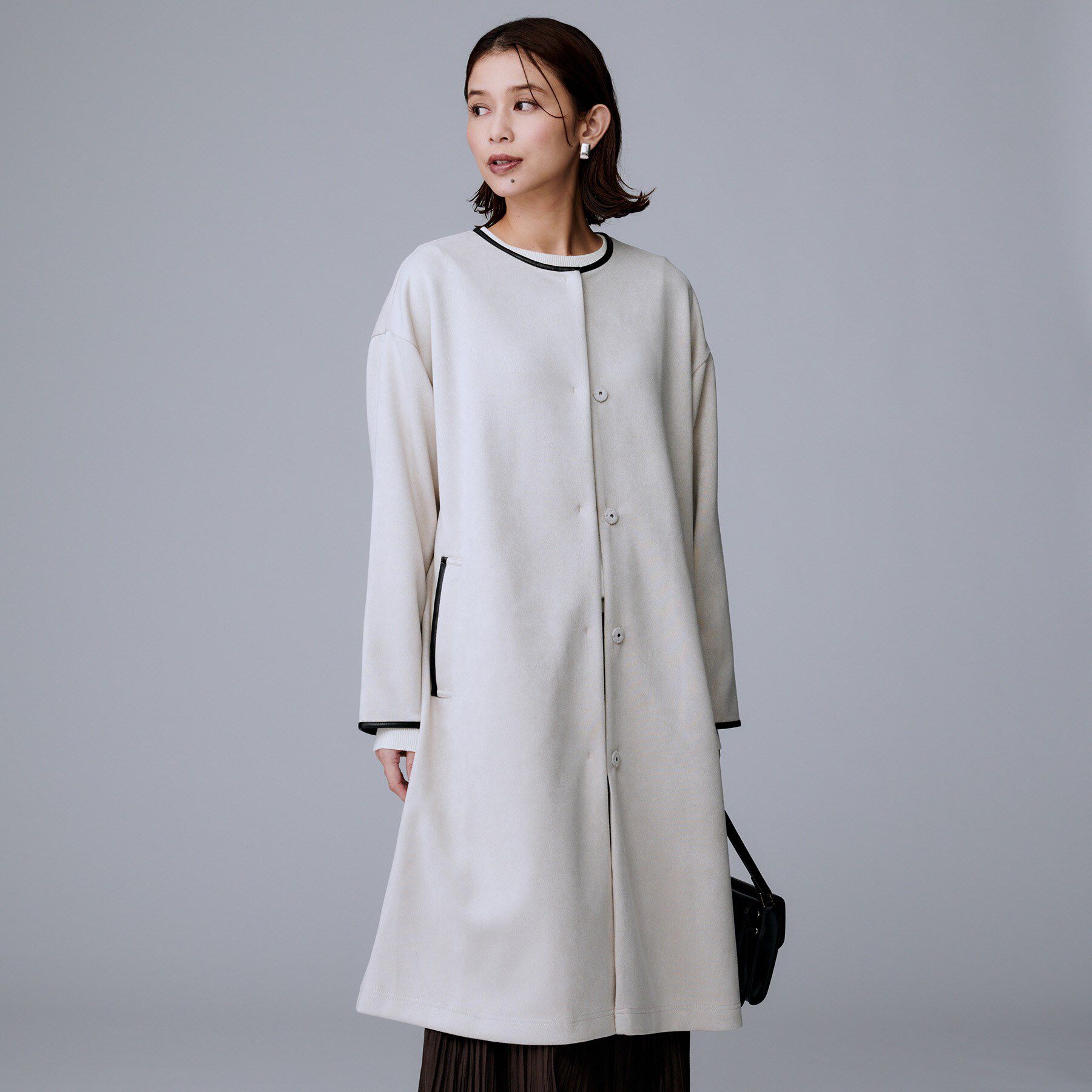 UNTITLED「【洗える/軽羽織り】マシュマロタッチ　スエード調コート」|ノーカラーコート|