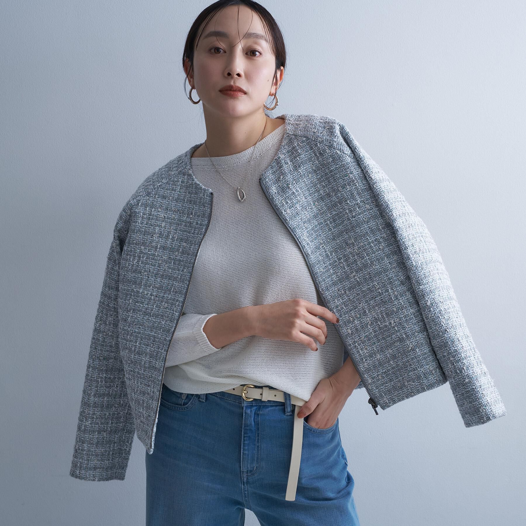 UNTITLED「ツイードジップジャケット」|ブルゾン・スタジャン|ライトグレー(411