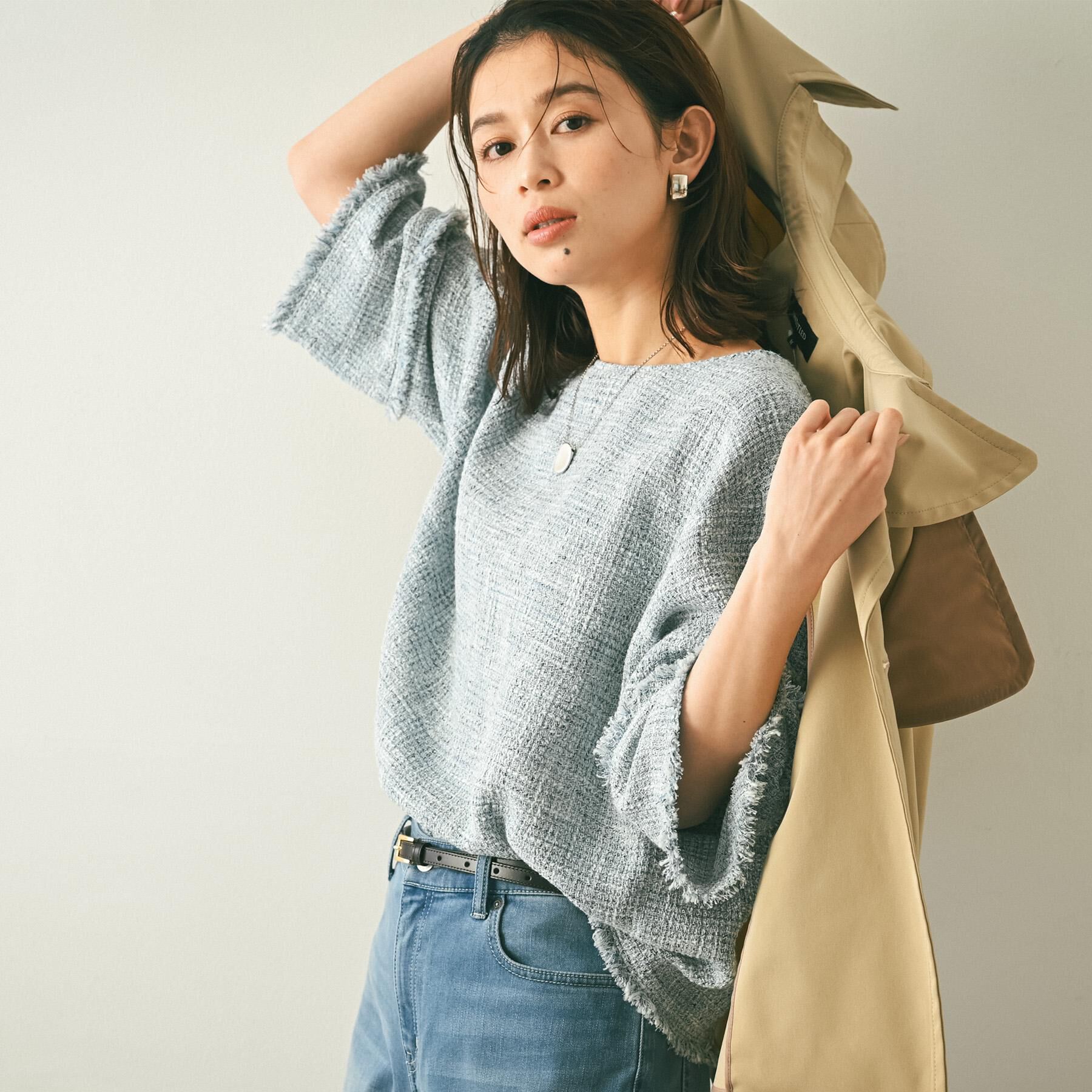 UNTITLED「【洗える】ツイードドルマンブラウス」|シャツ・ブラウス|サックスブルー(49