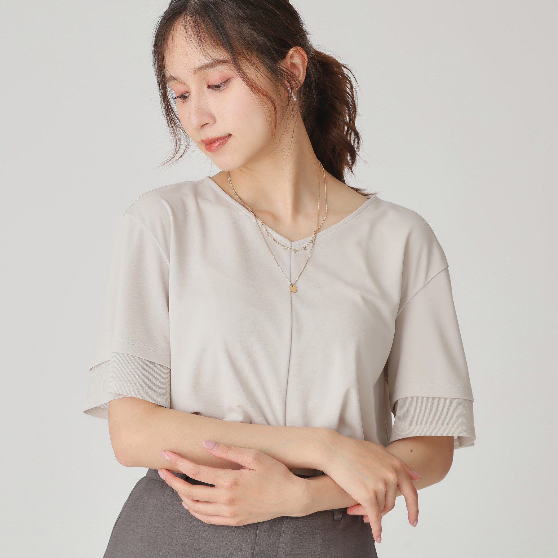 COUP DE CHANCE「【手洗い可】リラクシージャージトップス」|Tシャツ・カットソー|グレージュ(050)