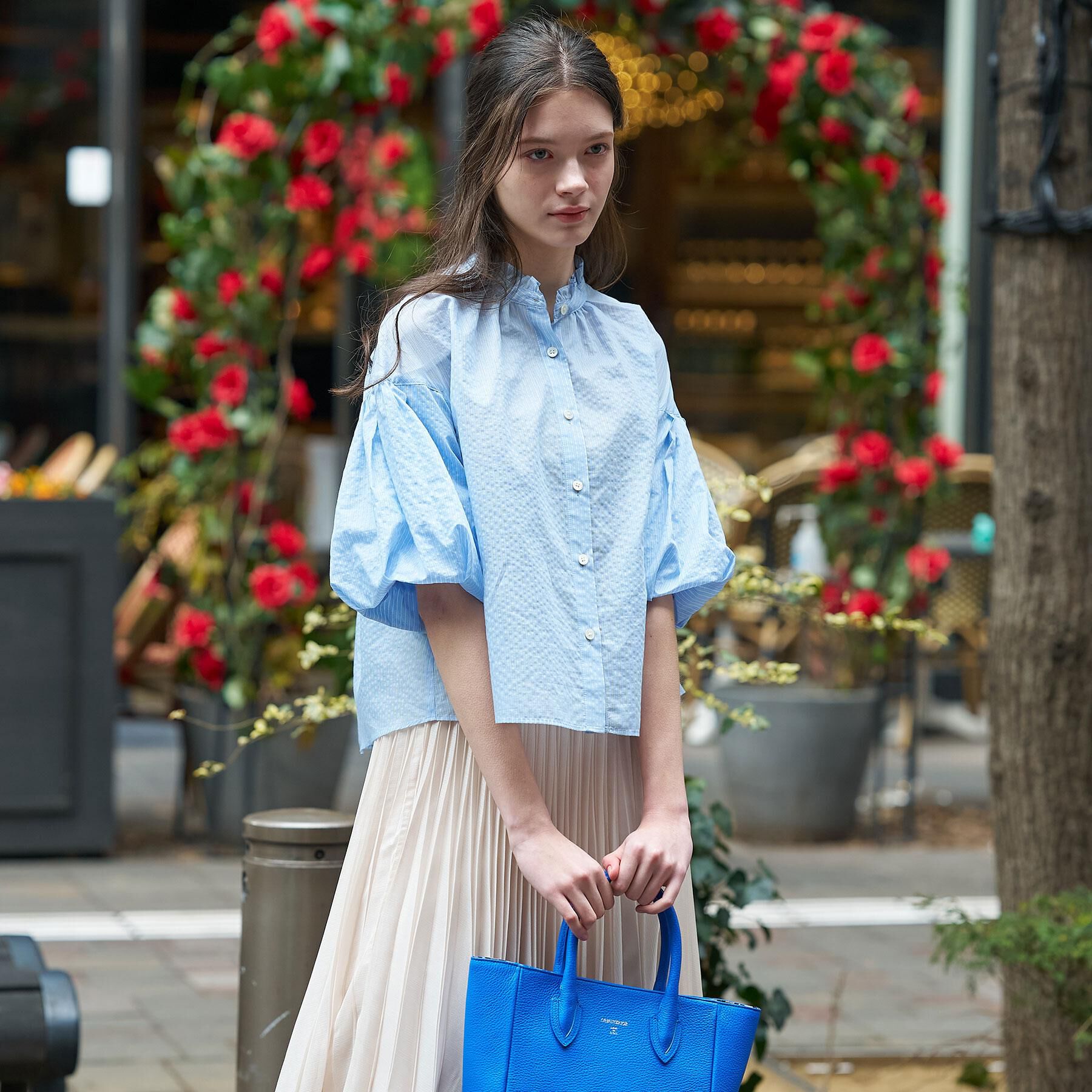 DRESSTERIOR「【1枚で着映え/ウォッシャブル】ストライプスタンドフリルボリュームスリーブブラウス」|シャツ・ブラウス|