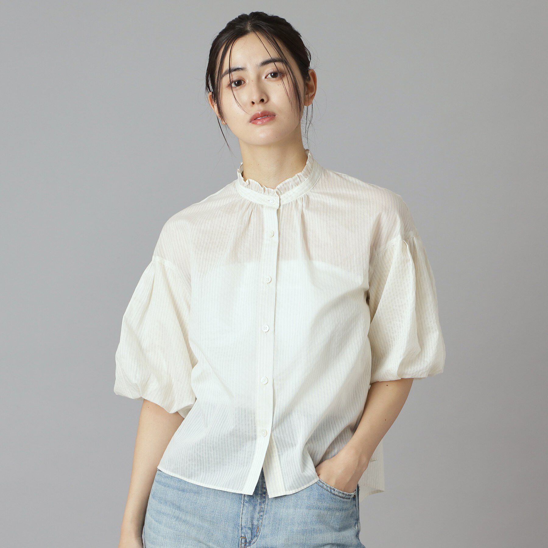 DRESSTERIOR「【1枚で着映え/ウォッシャブル】ストライプスタンドフリルボリュームスリーブブラウス」|シャツ・ブラウス|