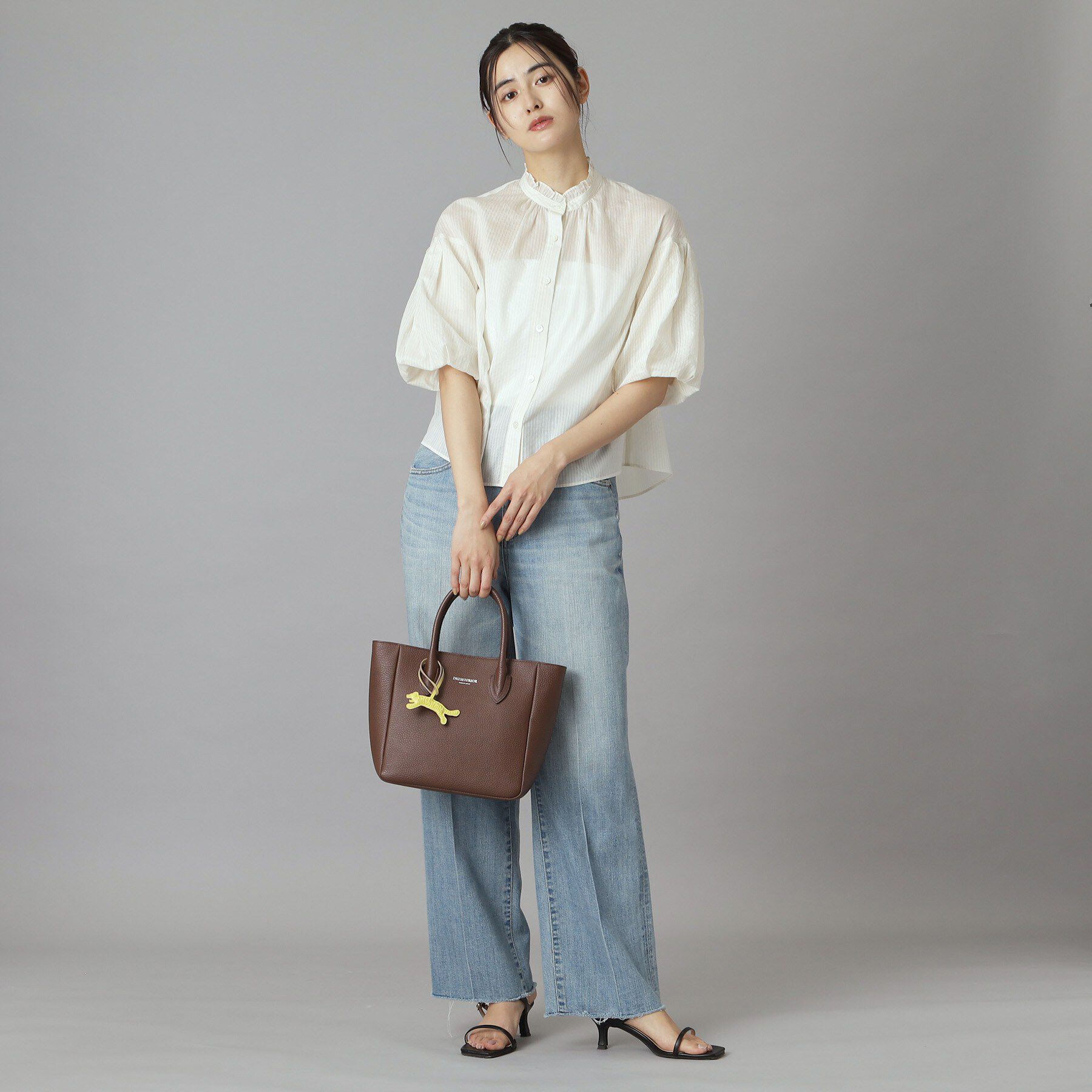 DRESSTERIOR「【1枚で着映え/ウォッシャブル】ストライプスタンドフリルボリュームスリーブブラウス」|シャツ・ブラウス|