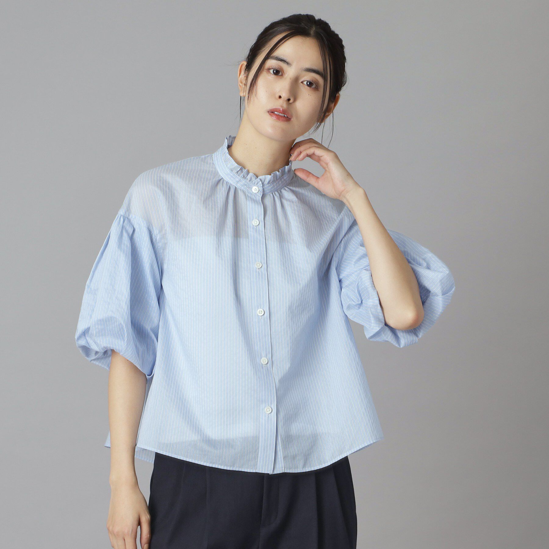 DRESSTERIOR「【1枚で着映え/ウォッシャブル】ストライプスタンドフリルボリュームスリーブブラウス」|シャツ・ブラウス|