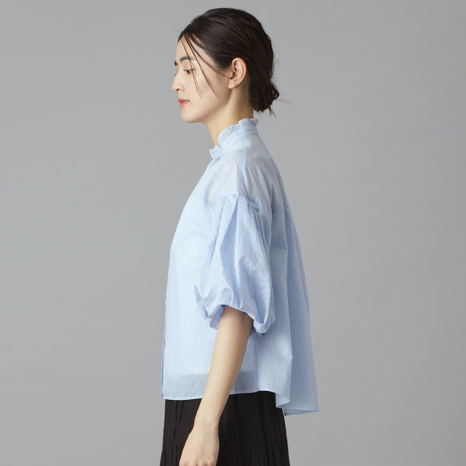 DRESSTERIOR「【1枚で着映え/ウォッシャブル】ストライプスタンドフリルボリュームスリーブブラウス」|シャツ・ブラウス|