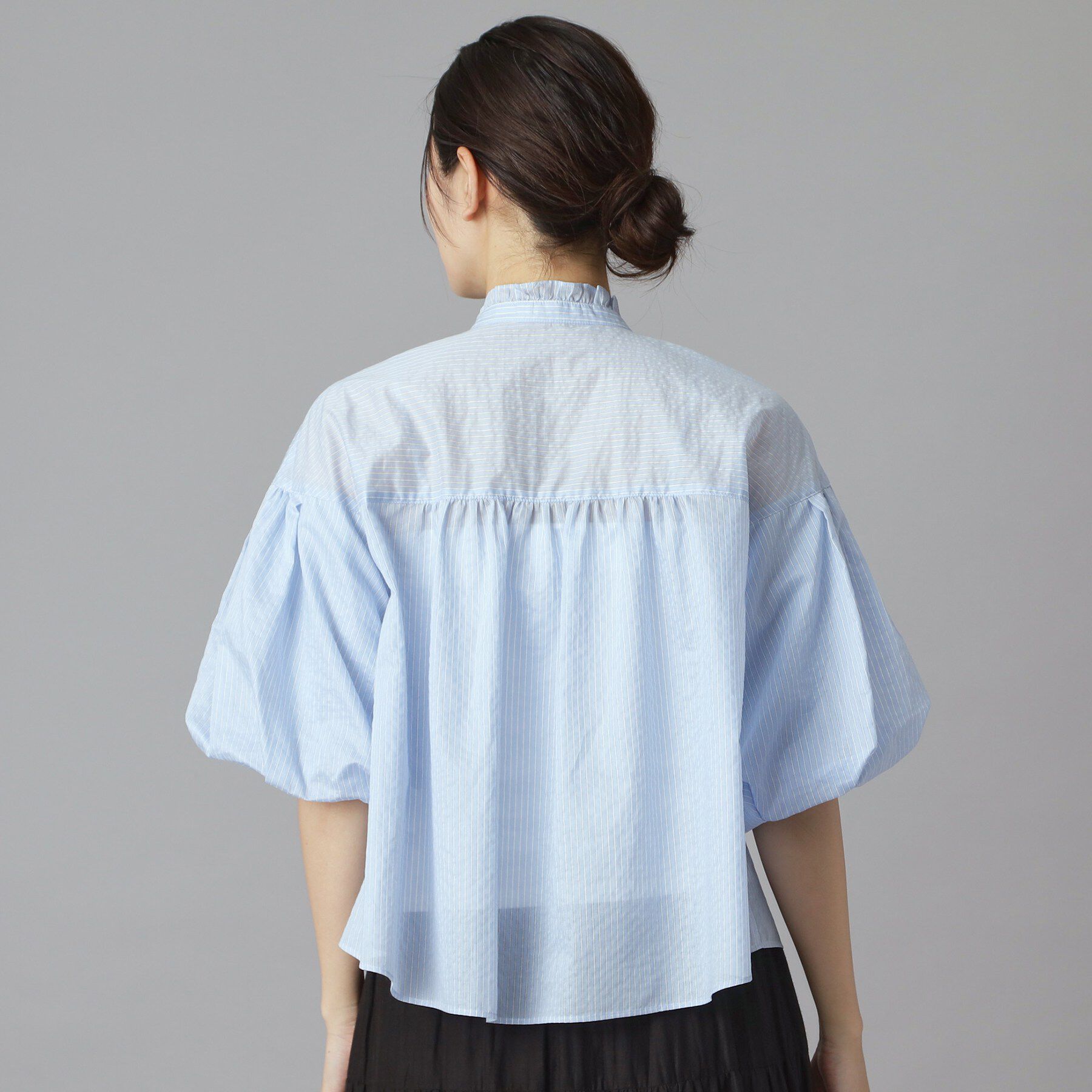 DRESSTERIOR「【1枚で着映え/ウォッシャブル】ストライプスタンドフリルボリュームスリーブブラウス」|シャツ・ブラウス|