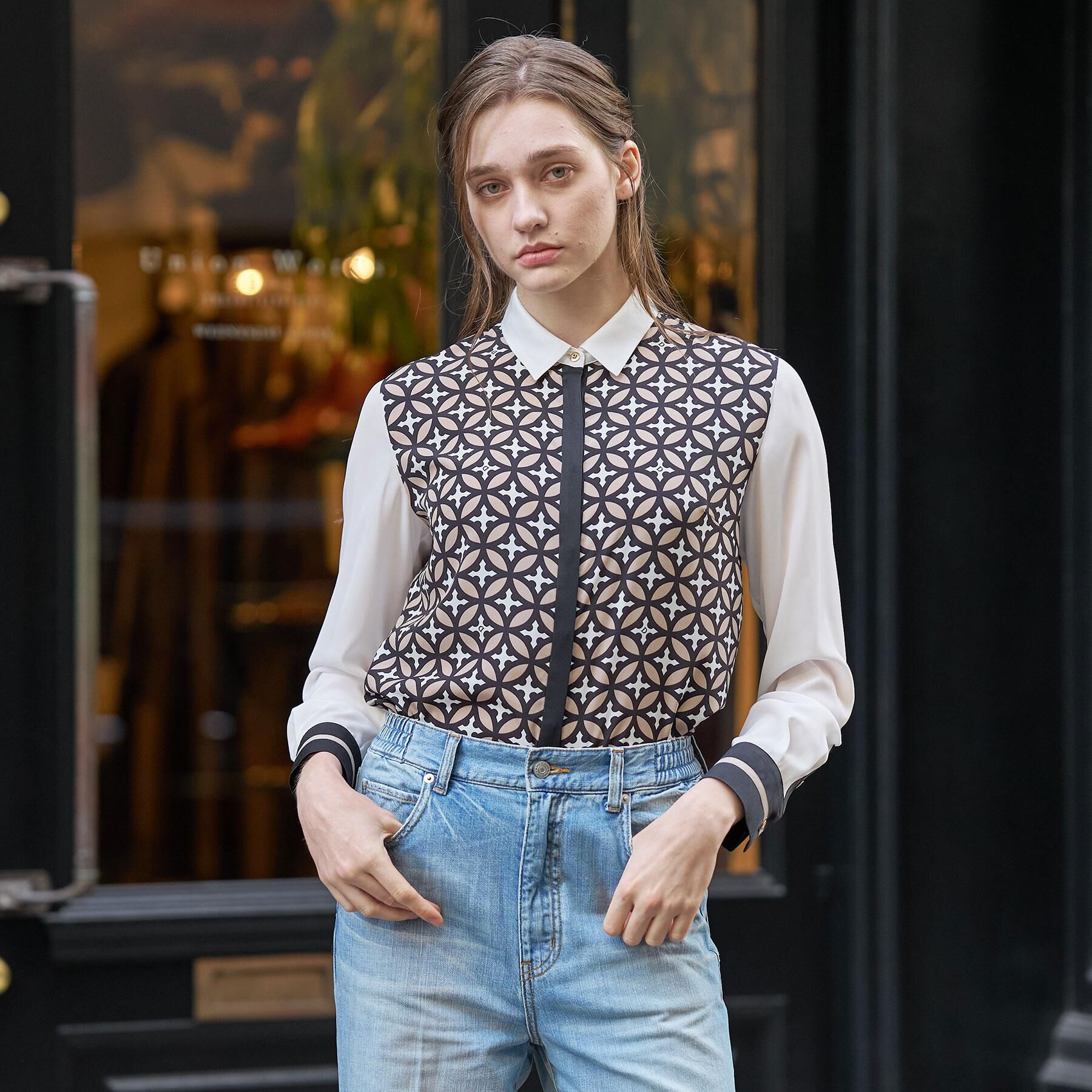 DRESSTERIOR「【着映え/ウォッシャブル】オーバーラップサークルコンビシャツ」|シャツ・ブラウス|