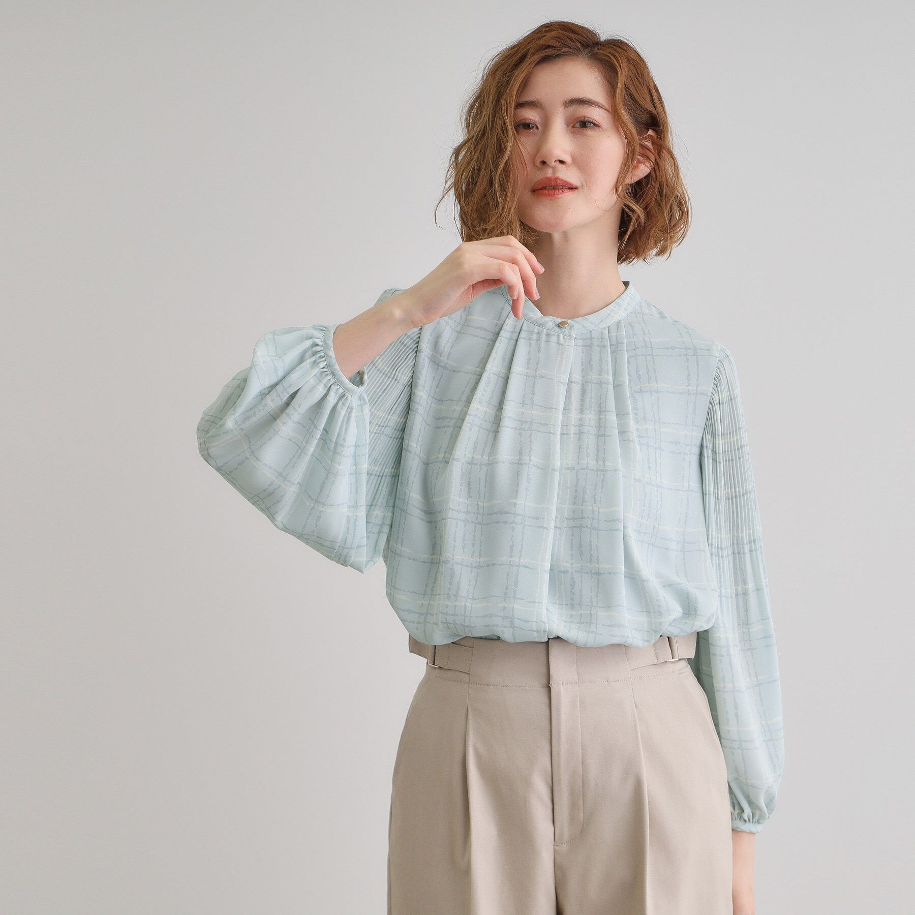grove「【華やか】プリントアソート袖プリーツブラウス」|シャツ・ブラウス|ブルーチェック(19