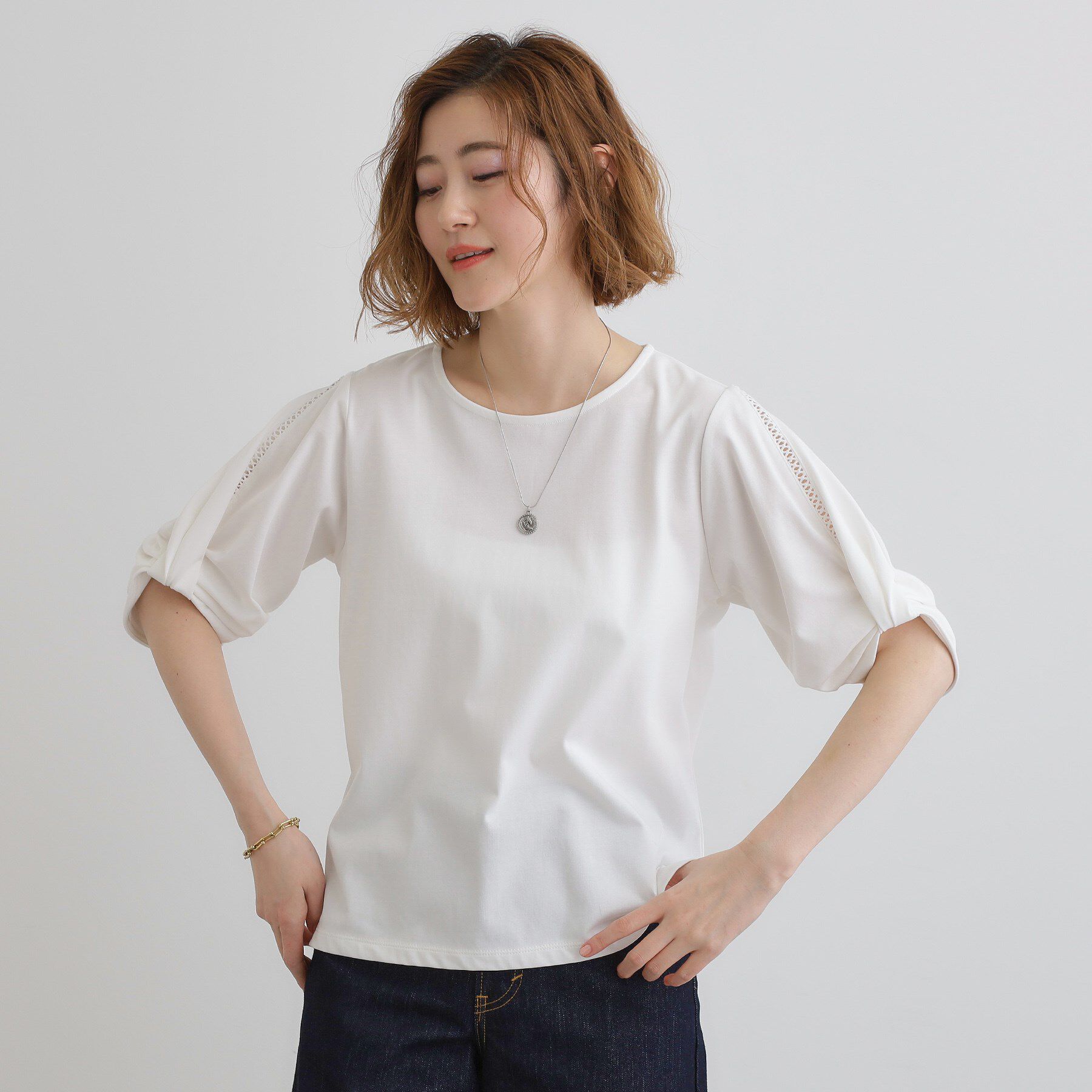grove「【接触冷感・UVカットetc】レース切替え袖ねじりプルオーバー」|Tシャツ・カットソー|