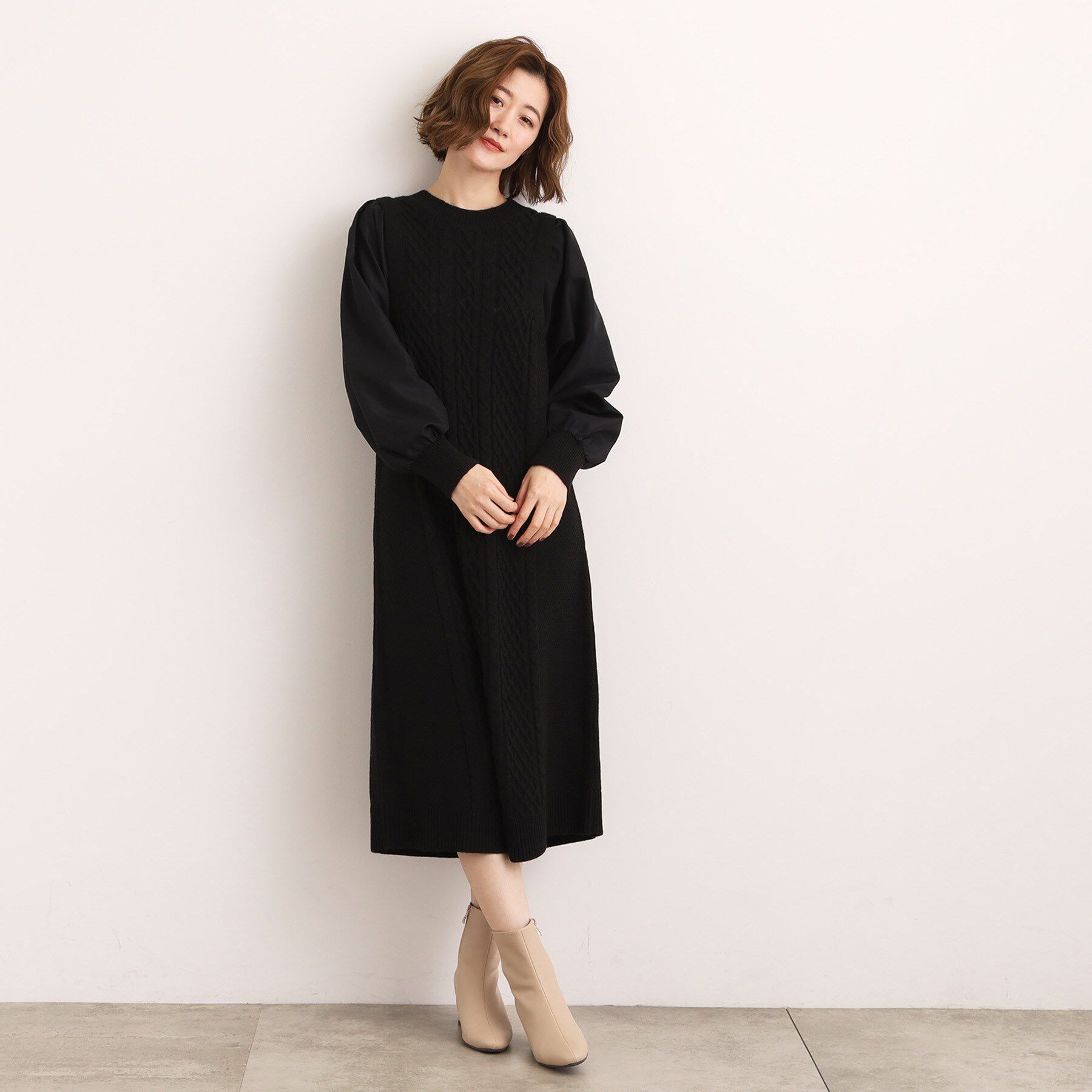 grove「一枚で華やぐ、袖布帛ケーブルニットワンピース」|ワンピース|