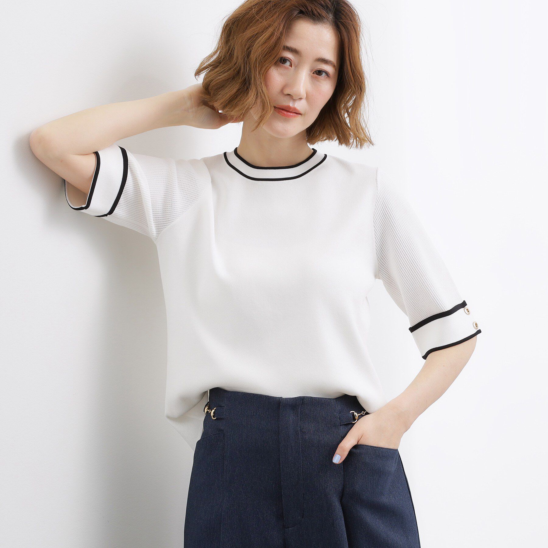 grove「【貴島明日香さん着用】やわらかドライタッチ 袖メッシュ編みニット」|ニット・セーター|オフ&times;ブラック(00