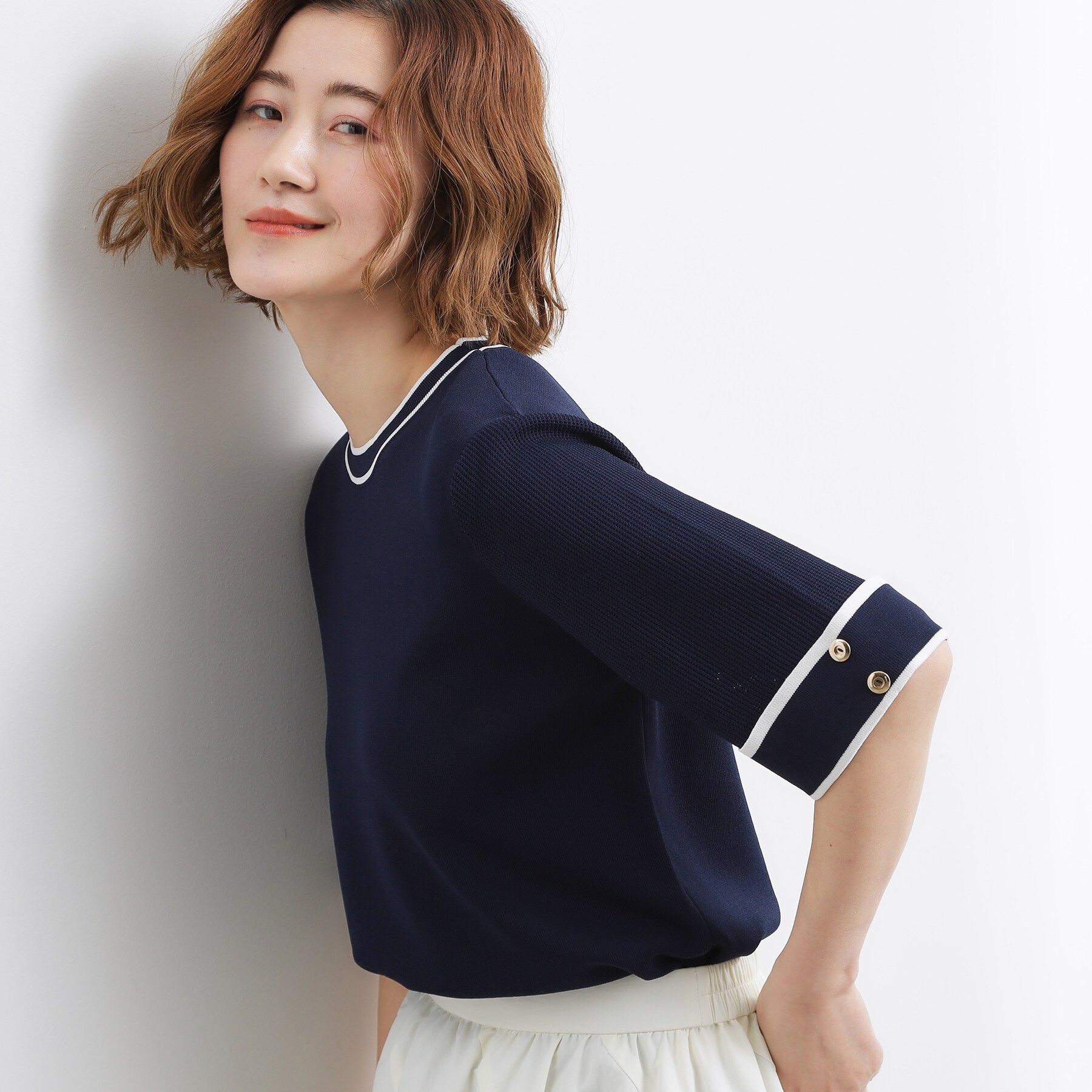 grove「【貴島明日香さん着用】やわらかドライタッチ 袖メッシュ編みニット」|ニット・セーター|