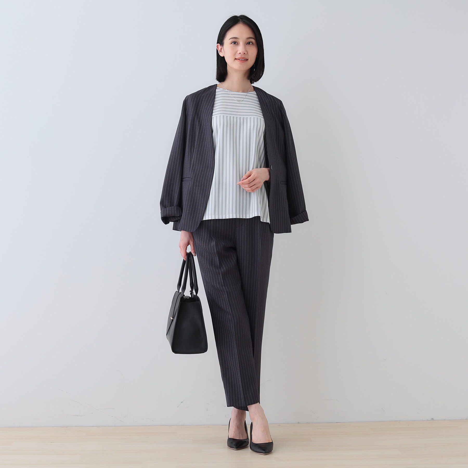 INDIVI「【洗える／ストライプ柄】袖タックブラウス」|シャツ・ブラウス|