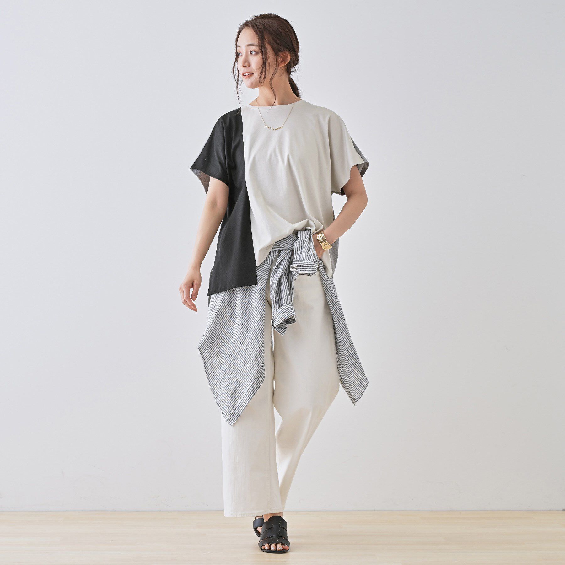 INDIVI「【洗える／汗ジミ防止】バイカラー＆アシメヘム Tシャツ」|Tシャツ・カットソー|