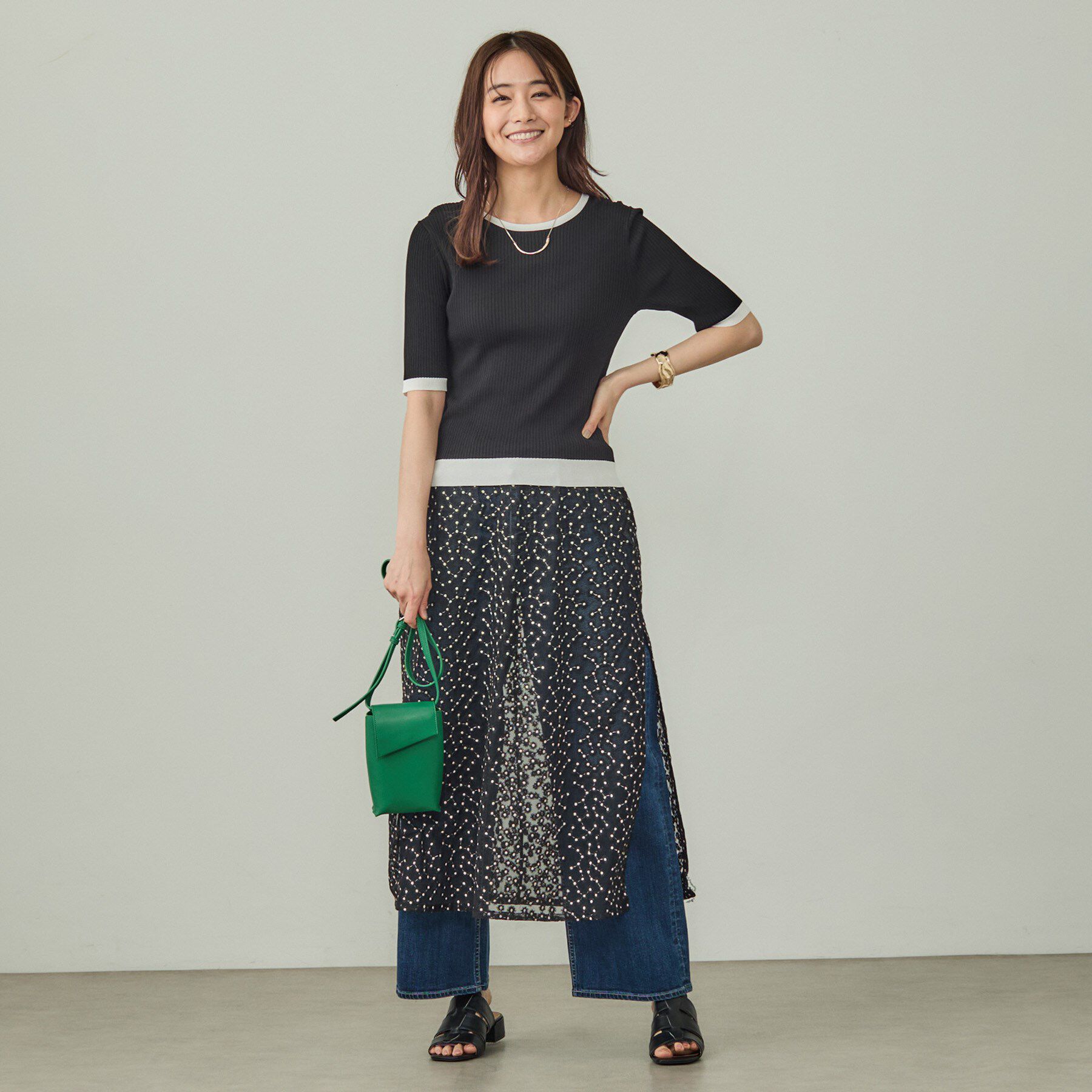 INDIVI「【インナーで活躍／アンサンブル】クルーネック半袖ニット」|ニット・セーター|