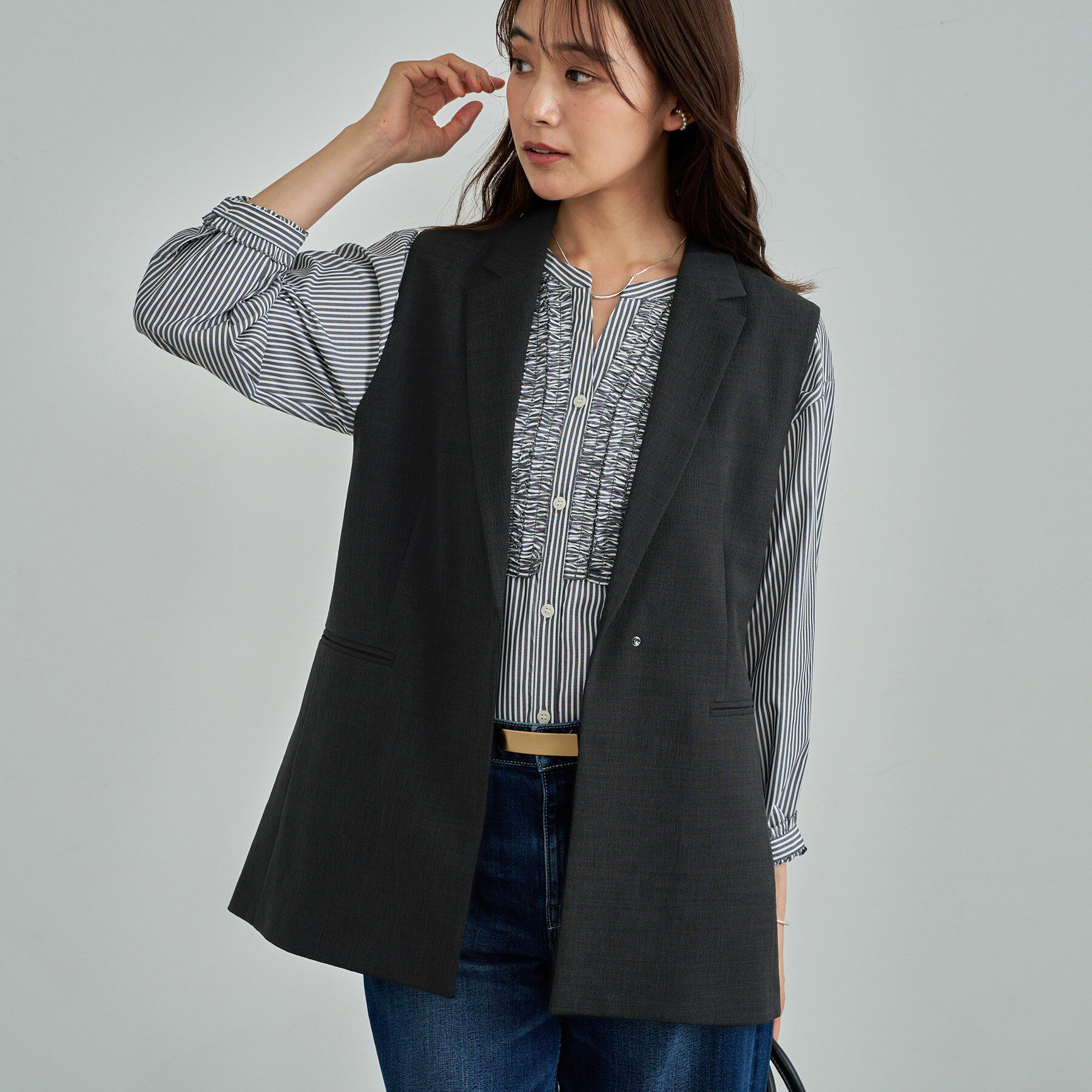 INDIVI「【セットアップ可能】凹凸ストレッチ素材テーラードカラージレジャケット」|テーラードジャケット|スミクロ(618)