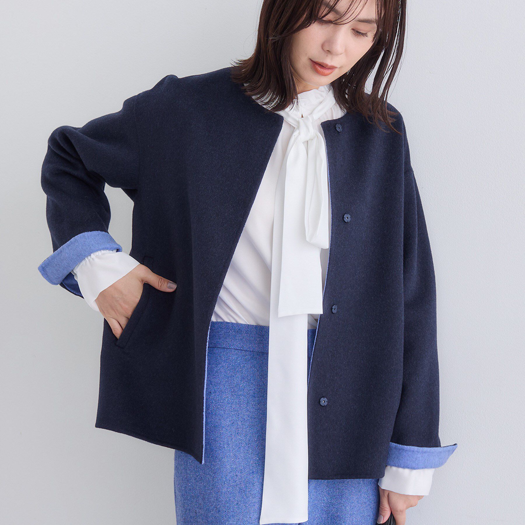 INDIVI「【配色デザイン／ショート丈】ウールリバー ノーカラーコート」|ノーカラーコート|