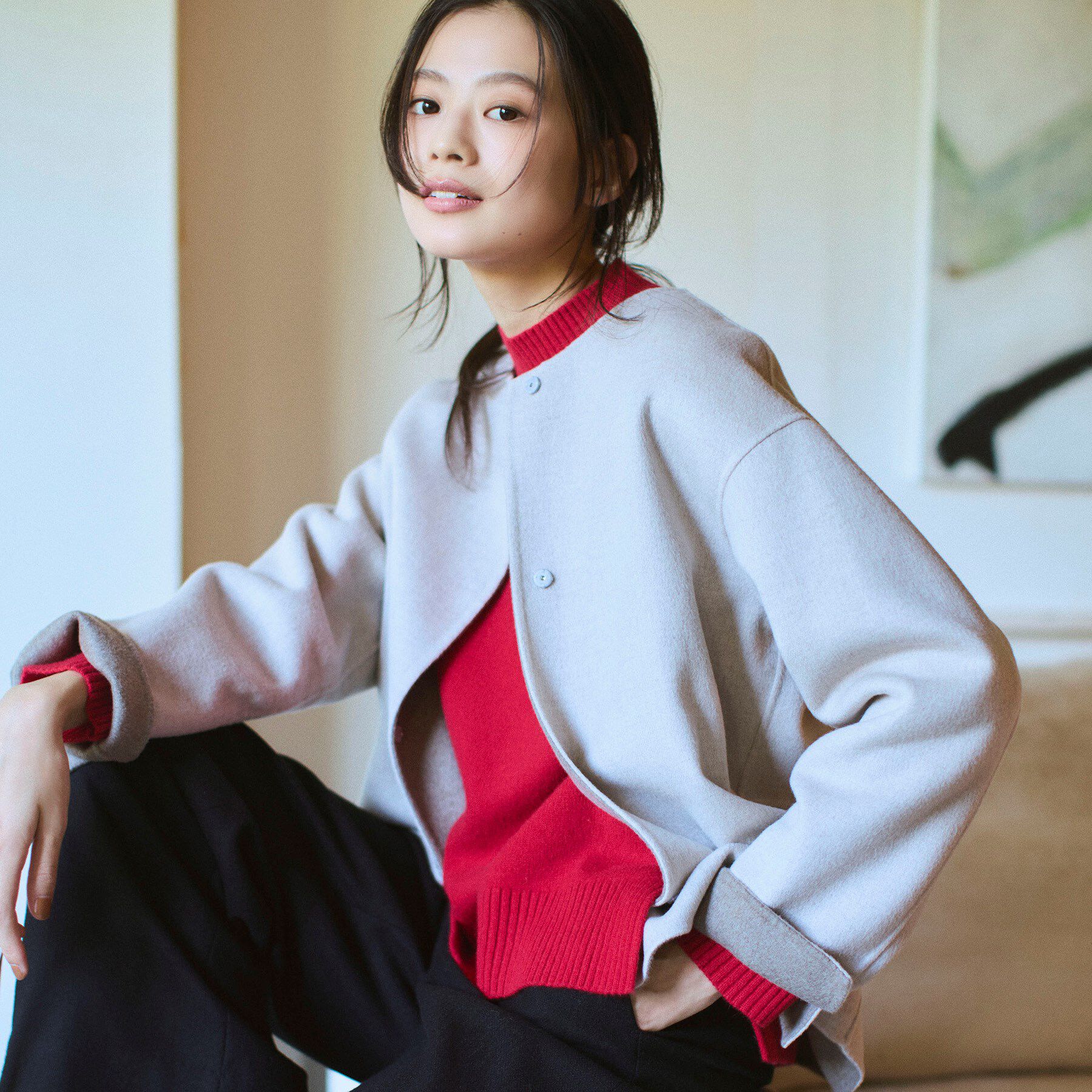 INDIVI「【配色デザイン／ショート丈】ウールリバー ノーカラーコート」|ノーカラーコート|グレージュ(550)