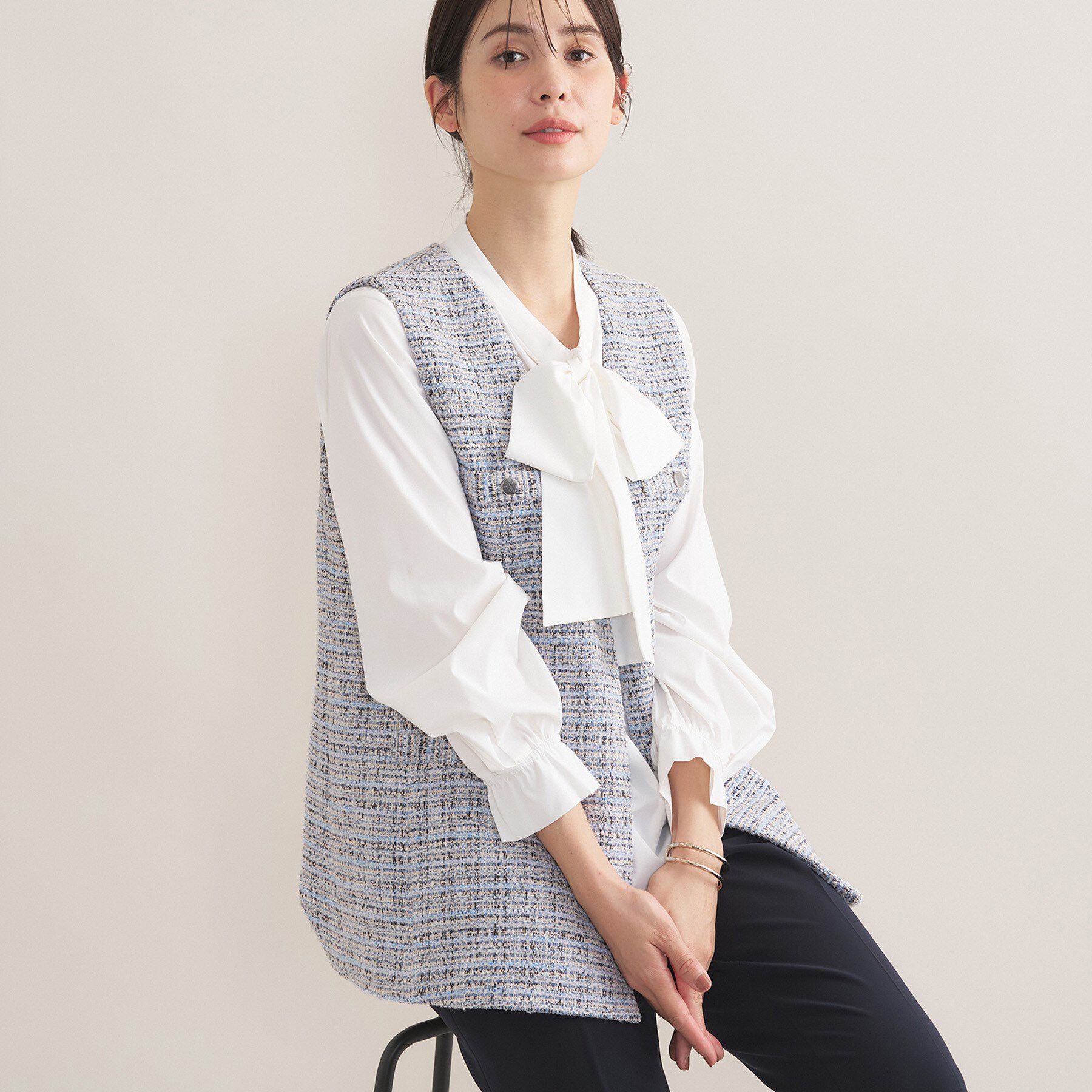 INDIVI「【2点セット／洗える】ツイードジレ＆ボウタイブラウス」|その他|
