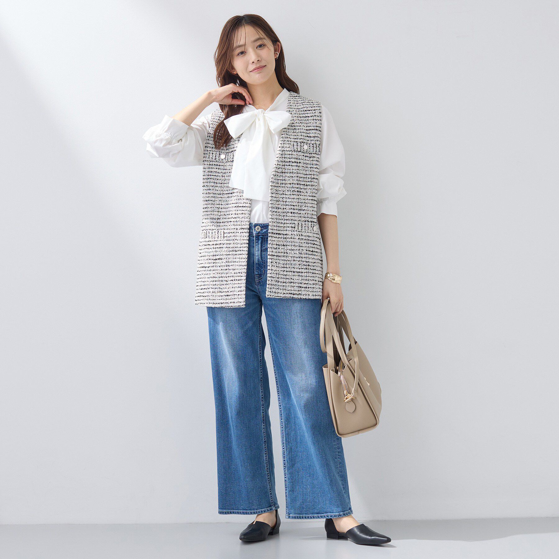 INDIVI「【2点セット／洗える】ツイードジレ＆ボウタイブラウス」|その他|