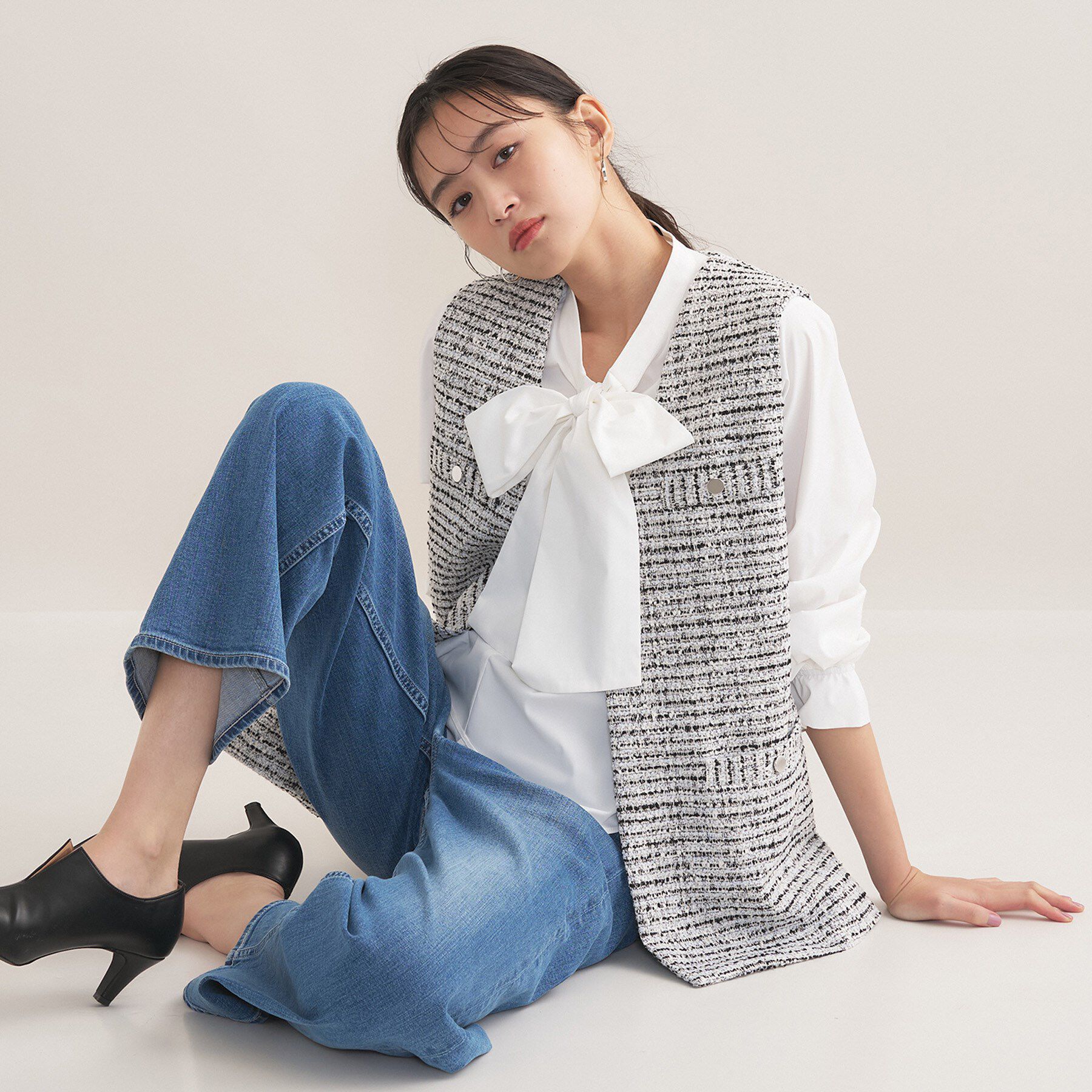 INDIVI「【2点セット／洗える】ツイードジレ＆ボウタイブラウス」|その他|