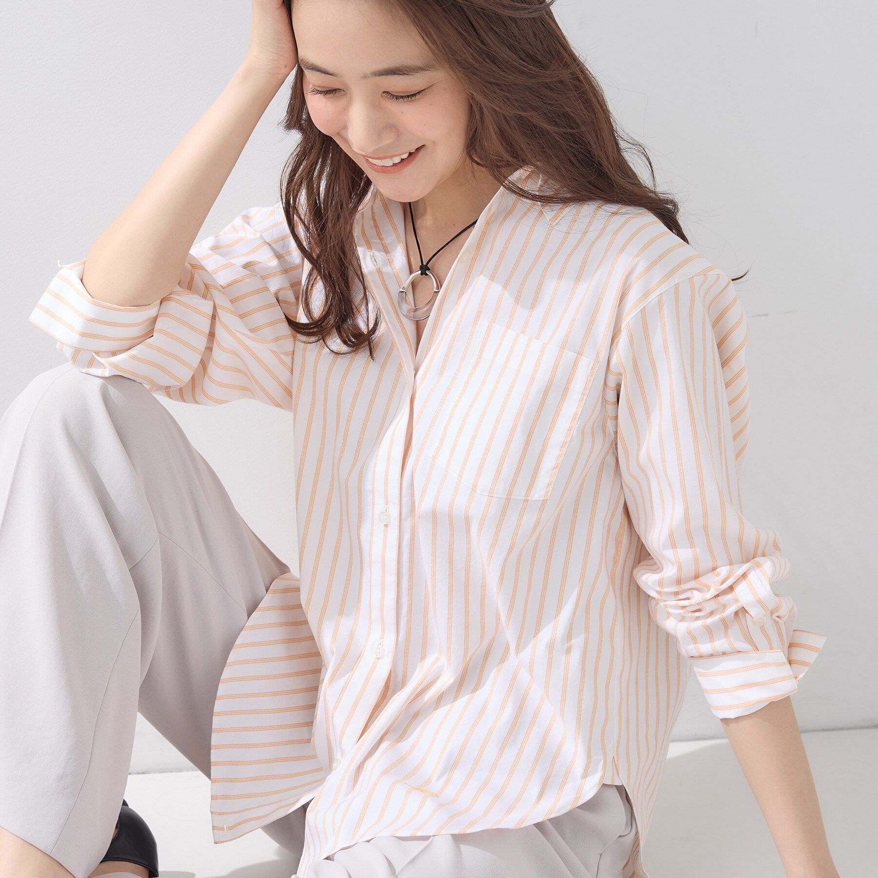 INDIVI「【2WAY／洗える】ラメストライプ コットン混シャツ」|シャツ・ブラウス|