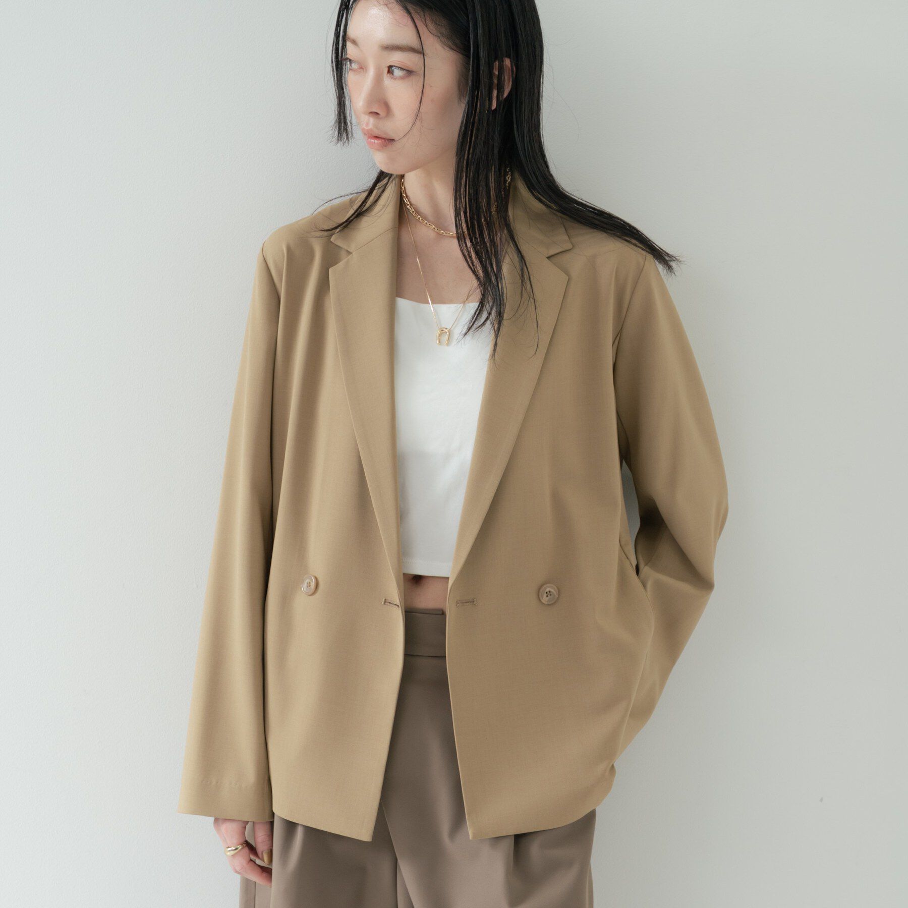 GALLEST「Comfy SET UP｜ダブルブレストイージージャケット【セットアップ対応／通勤／カセット服／接触」|テーラードジャケット|キャメルブラウン(0