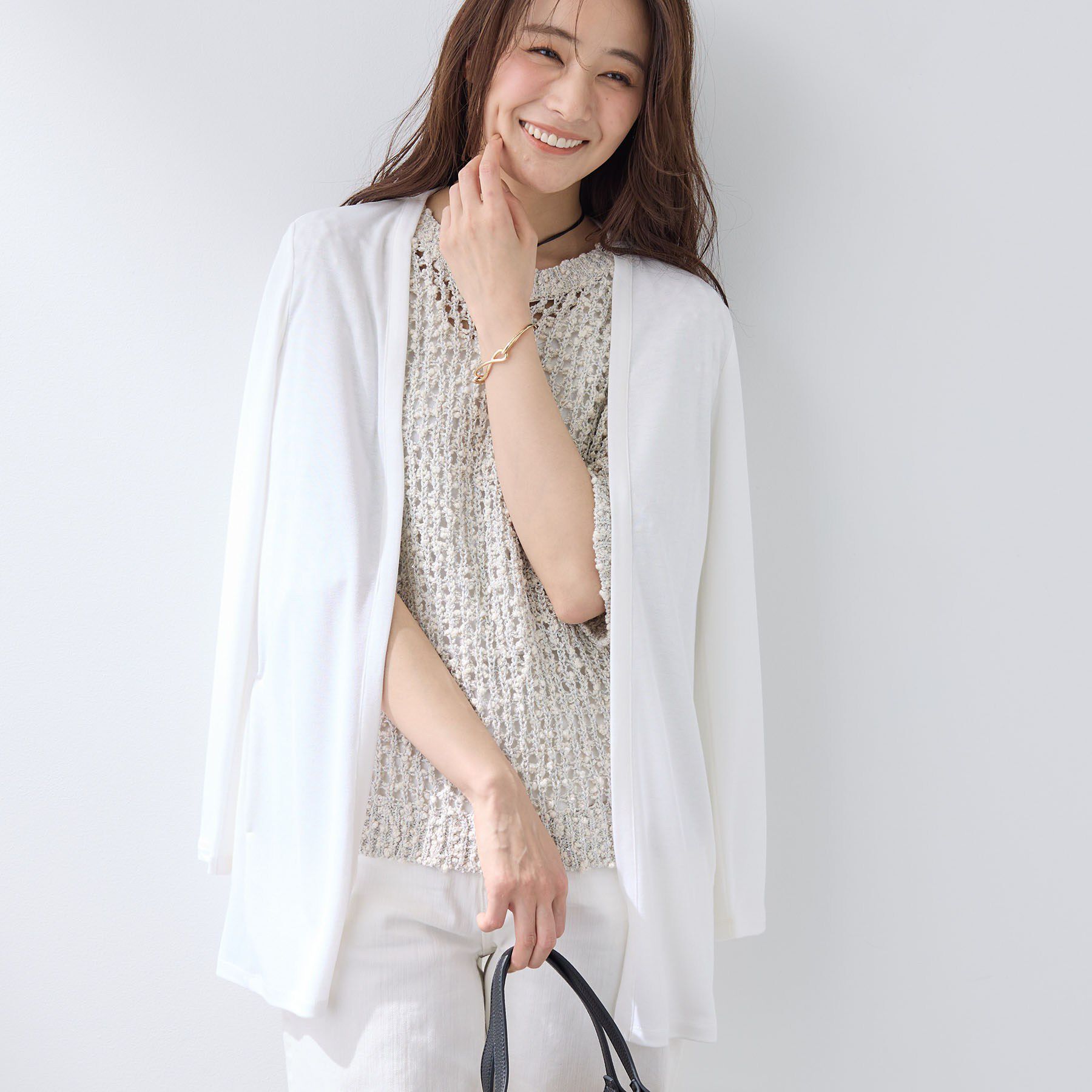 INDIVI「【UVケア】着流しミドル丈カーディガンジャージ」|カーディガン|ホワイト(001)