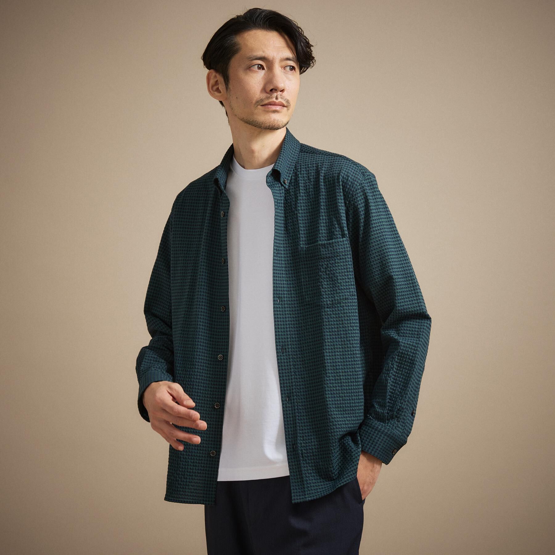 TAKEO KIKUCHI「シアサッカーギンガムチェック ストレッチシャツ」|シャツ・ブラウス|グリーン(224)