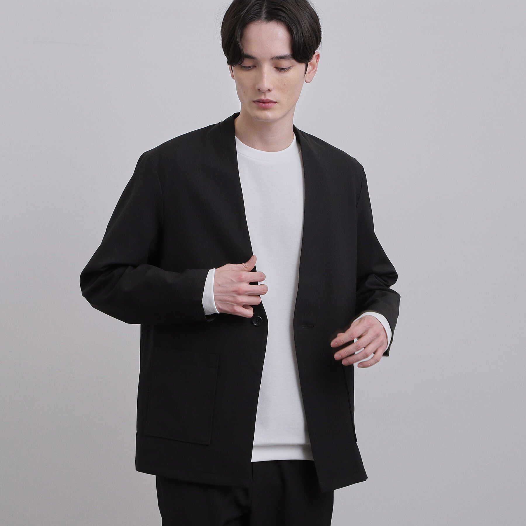 tk.TAKEO KIKUCHI「【セットアップ対応可】カルゼノーカラージャケット」|ノーカラージャケット|ブラック(019)