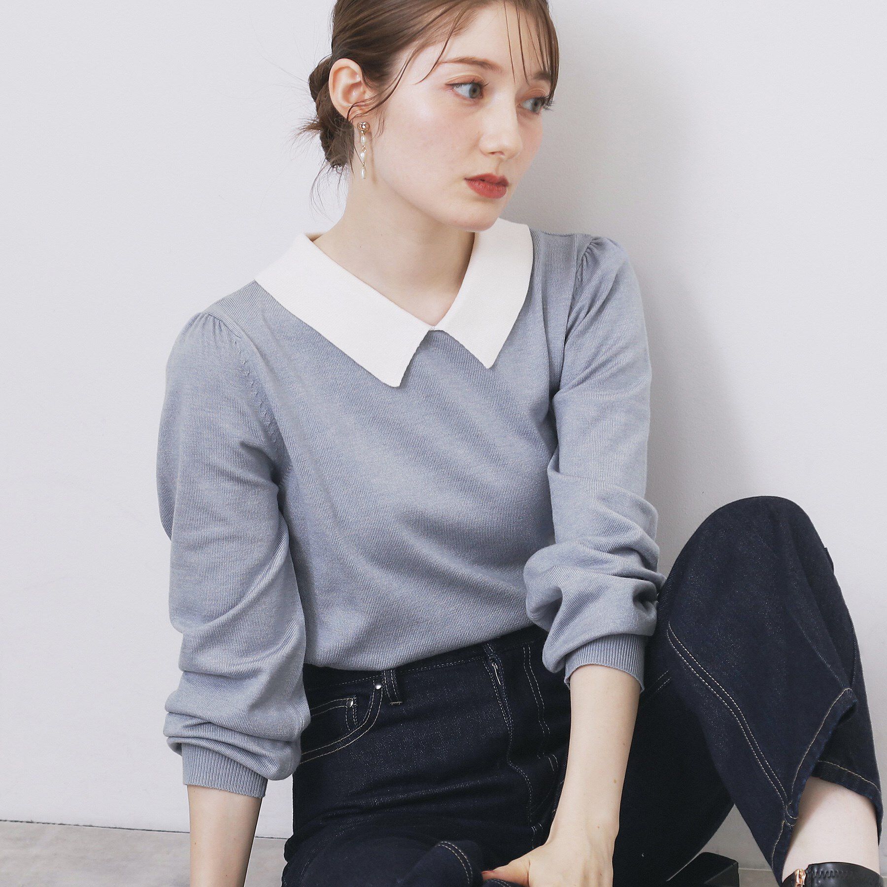 index「バイカラー衿付きニット【洗濯機OK】」|ニット・セーター|ブルー(591)