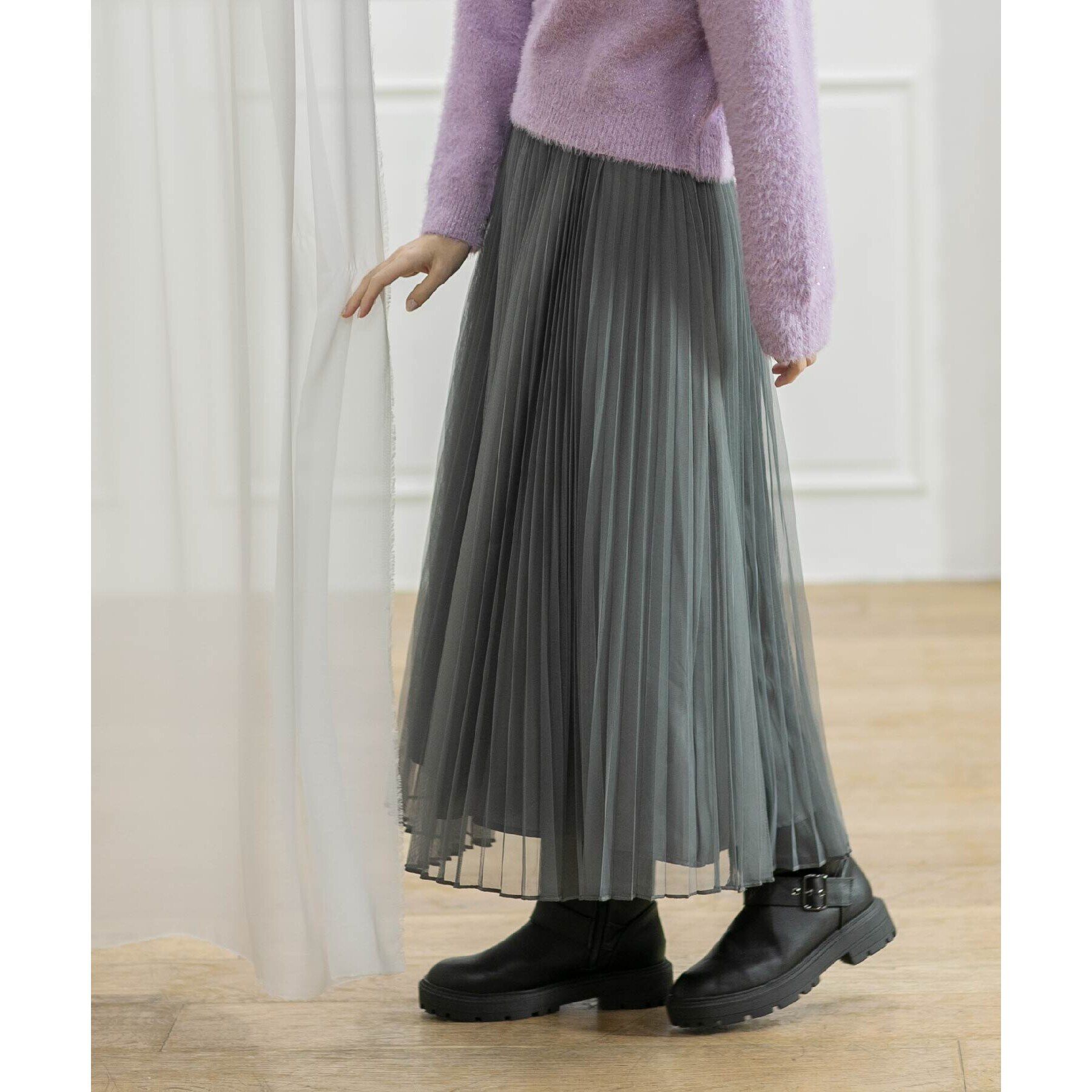 OPAQUE.CLIP「《通勤・セレモニー対応》チュールプリーツフレアスカート【洗濯機洗い可】」|スカート|