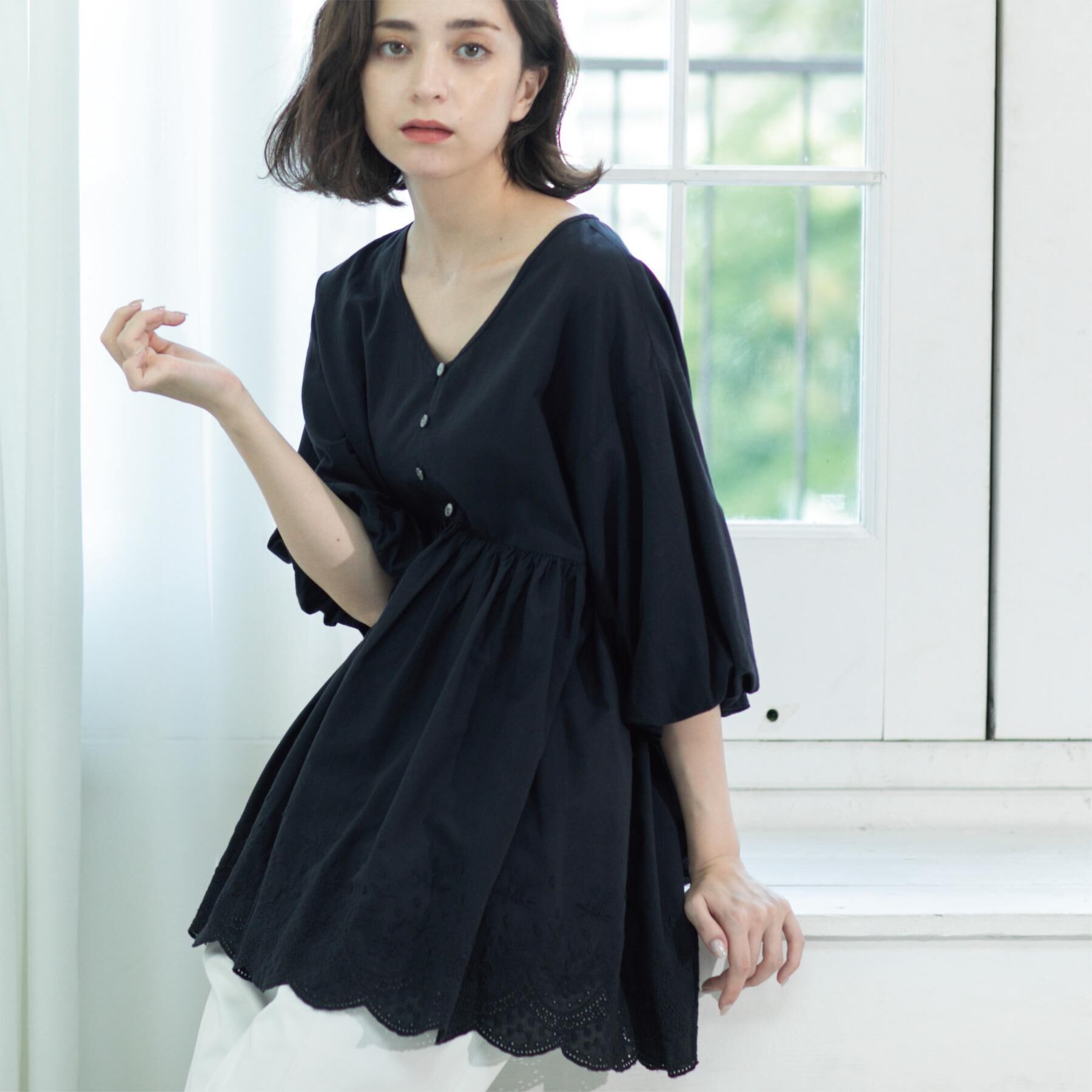 OPAQUE.CLIP「バルーン袖スカラップ刺繍レースチュニック」|シャツ・ブラウス|