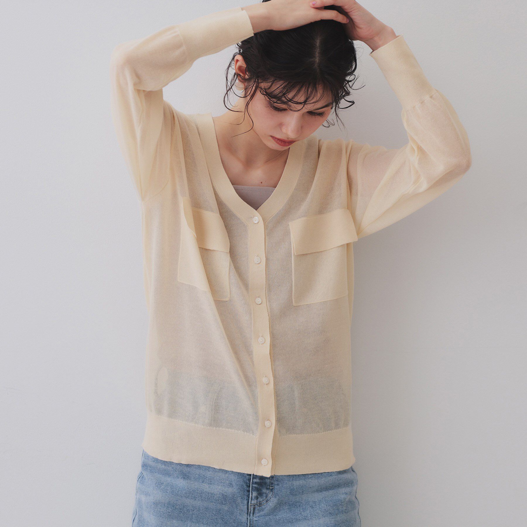 OPAQUE.CLIP「ポケットシアーニットカーディガン【洗濯機洗い可】」|カーディガン|ライトベージュ(05