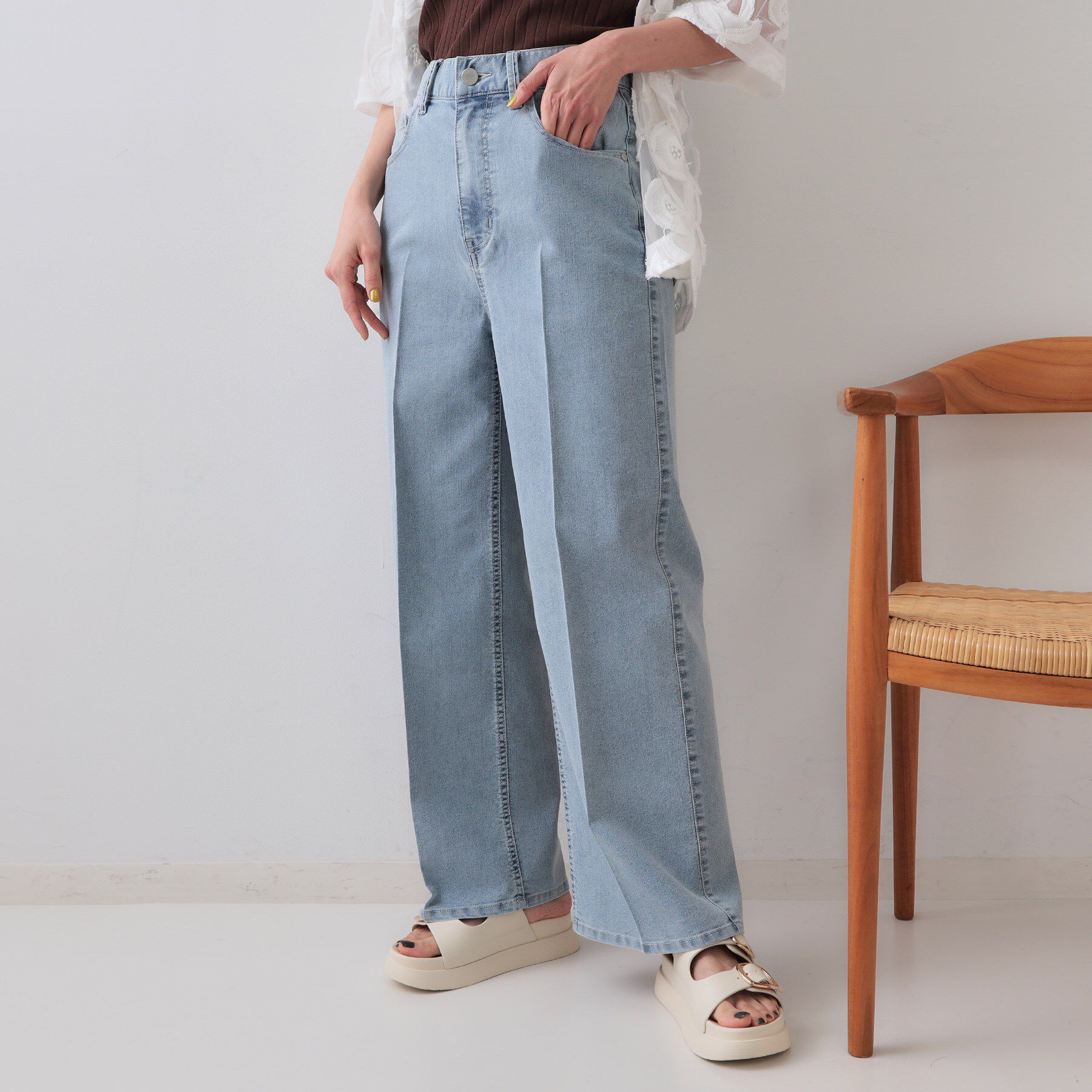 OPAQUE.CLIP「ストレッチライトオンスワイドデニム【洗濯機洗い可】」|デニム|ブルー(091)